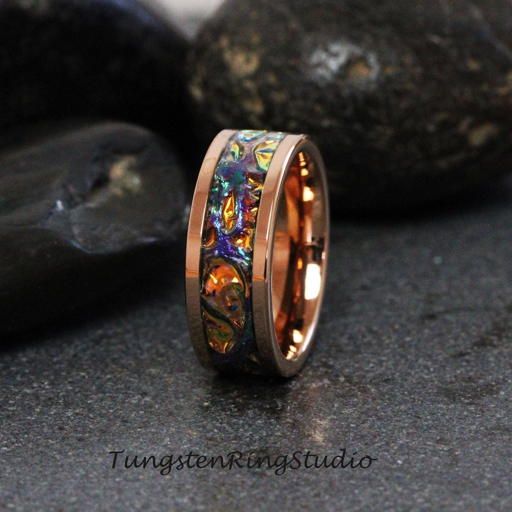 Tie Dye Orange Burl Dichrolam Polish Rose Gold Tungsten Wedding Color Shifting Anniversary Ring Mans Men & Women Blue Orange Band Dragon