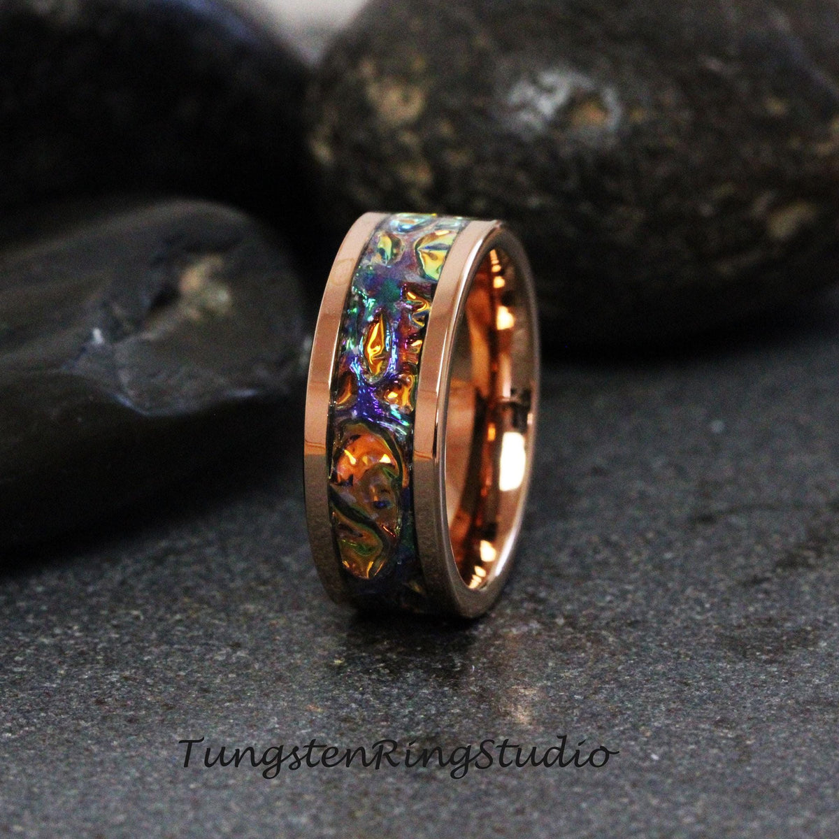 Tie Dye Orange Burl Dichrolam Polish Rose Gold Tungsten Wedding Color Shifting Anniversary Ring Mans Men & Women Blue Orange Band Dragon