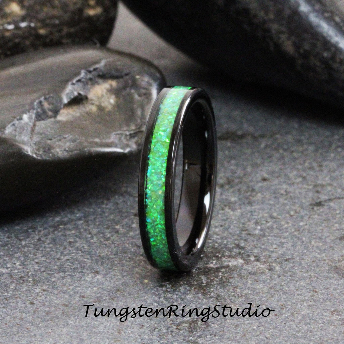 Lime Green Opal Tungsten Carbide Wedding Ring Black Band Women Opal Ring Dainty Stackable Anniversary Opal Ring