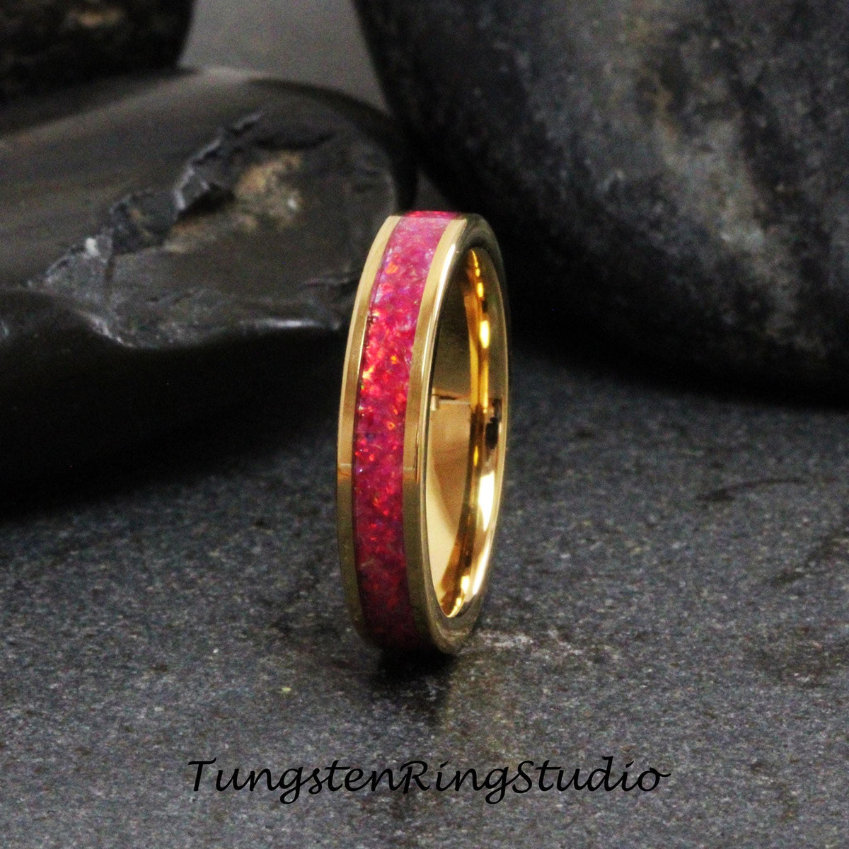 Carmine Red Opal Tungsten Carbide Wedding Ring Yellow Gold Band Women Opal Ring Dainty Stackable Anniversary Opal Ring