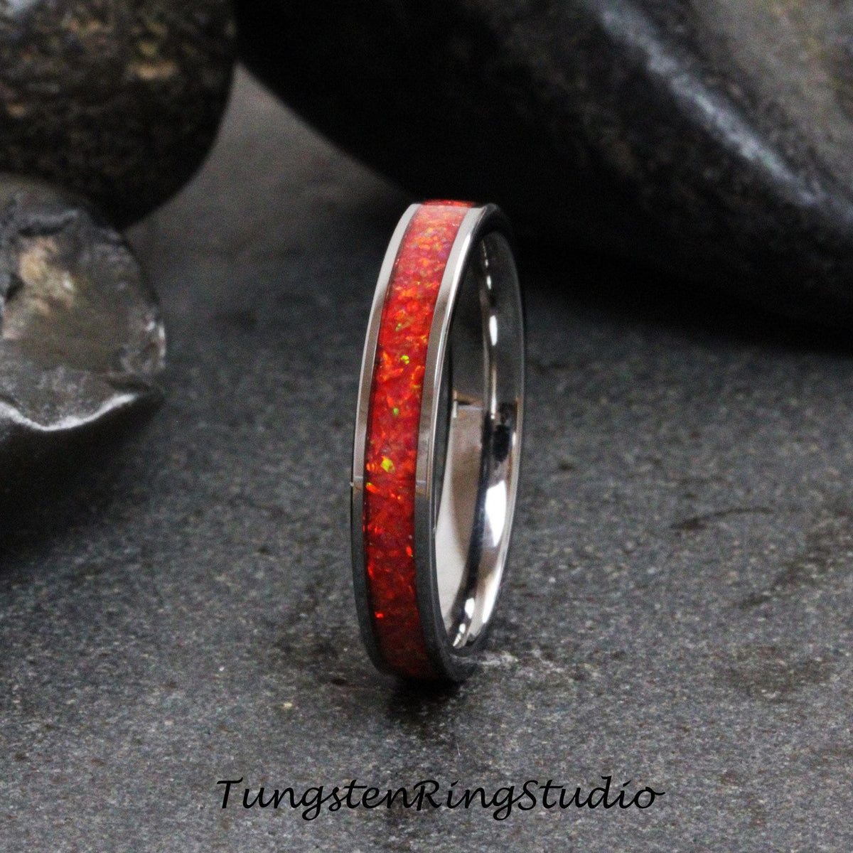 Alizarin Crimson Opal Tungsten Carbide Wedding Ring Silver-Gray Band Women Men Opal Ring Dainty Stackable Anniversary Ring Madder Crimson