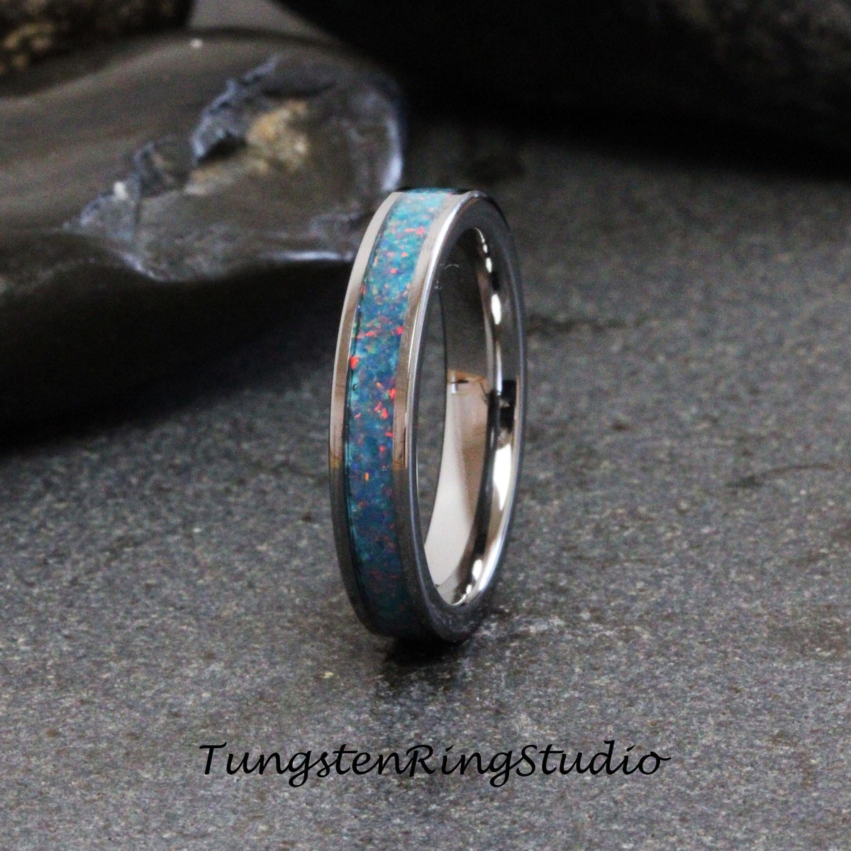 Multi Teal Opal Tungsten Carbide Wedding Ring Silver-Gray Band Women Men Opal Ring Dainty Stackable Anniversary Ring Teal Band