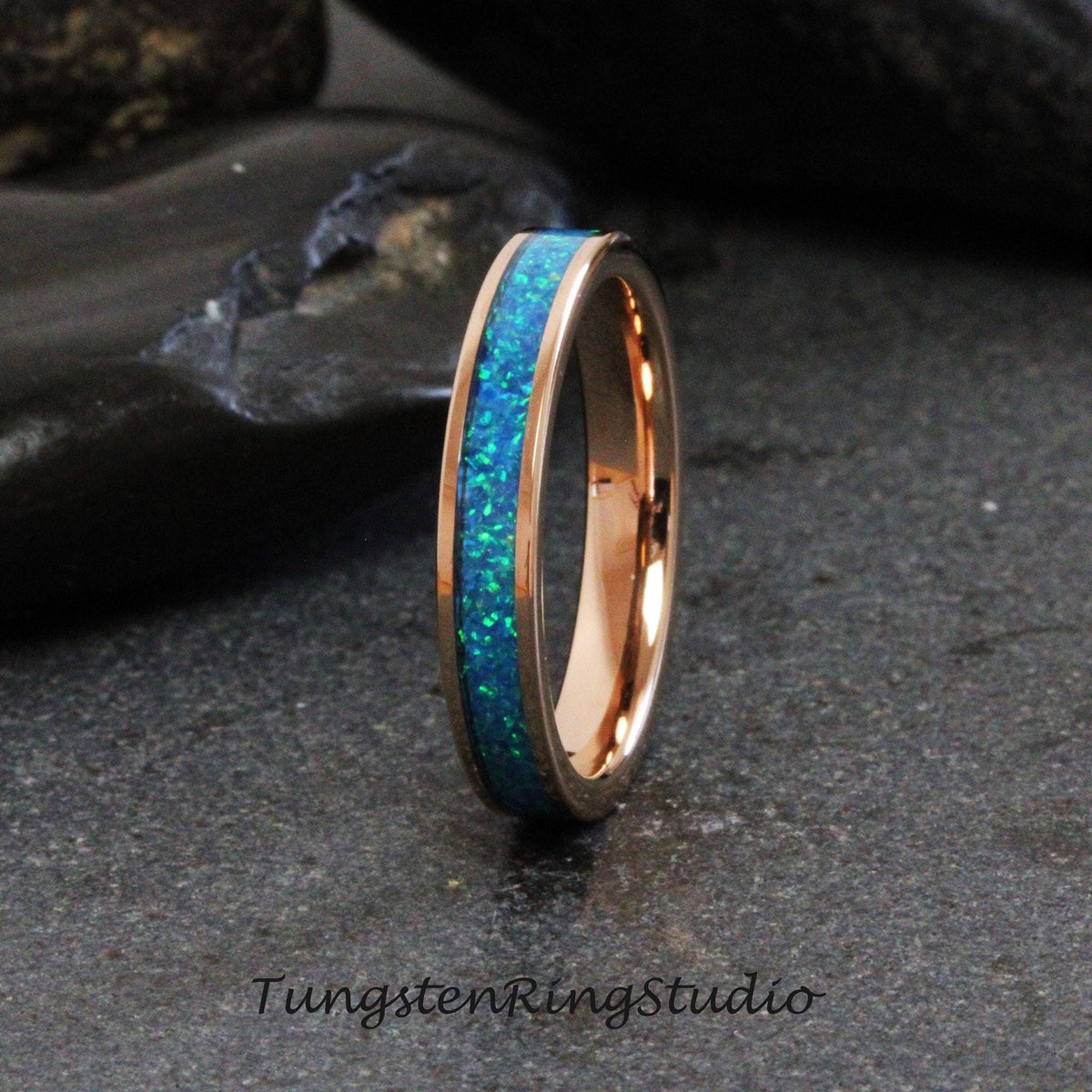 Blue Pacific Opal Wedding Ring Rose Gold Tungsten Carbide Band Women Opal Ring Dainty Stackable Anniversary Opal Ring
