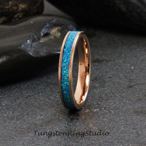 Blue Pacific Opal Wedding Ring Rose Gold Tungsten Carbide Band Women Opal Ring Dainty Stackable Anniversary Opal Ring