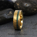 Hammer 18K Gold Flake Hazel Eye Inspiration Ring, Blue Sand Leaf Tungsten Carbide Ring, Teal Wedding Ring Anniversary Mens and Womens Band