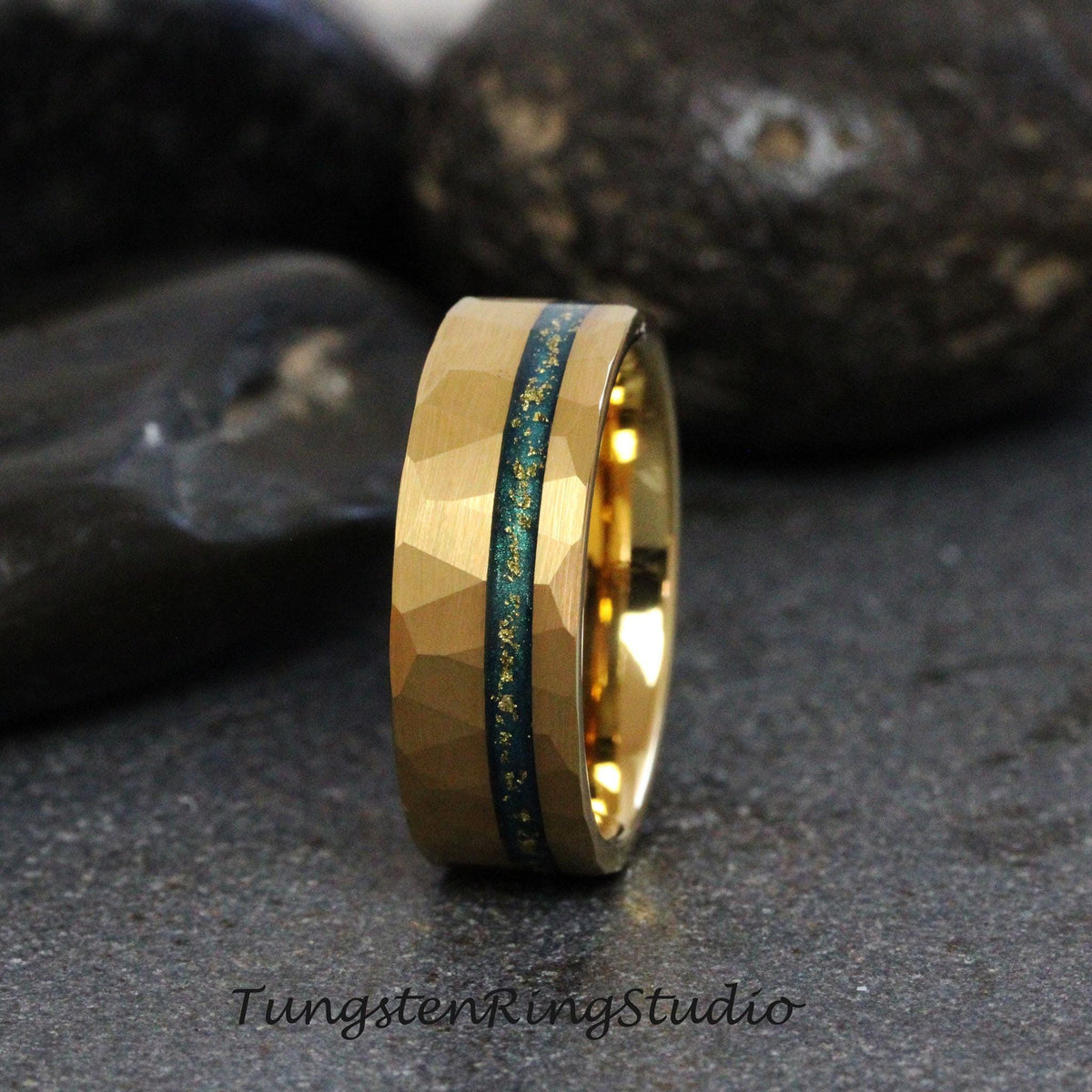 Hammer 18K Gold Flake Hazel Eye Inspiration Ring, Blue Sand Leaf Tungsten Carbide Ring, Teal Wedding Ring Anniversary Mens and Womens Band