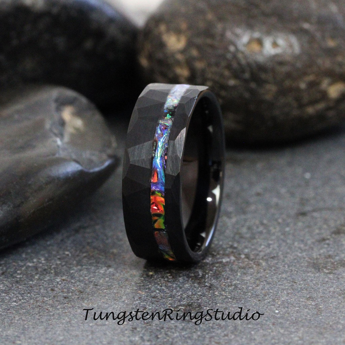 Tie Dye Dichrolam Hammer Black Tungsten Wedding Ring Color Shifting Anniversary Ring Mans Mens Ring Men & Women Fire Burl Blue Orange Band