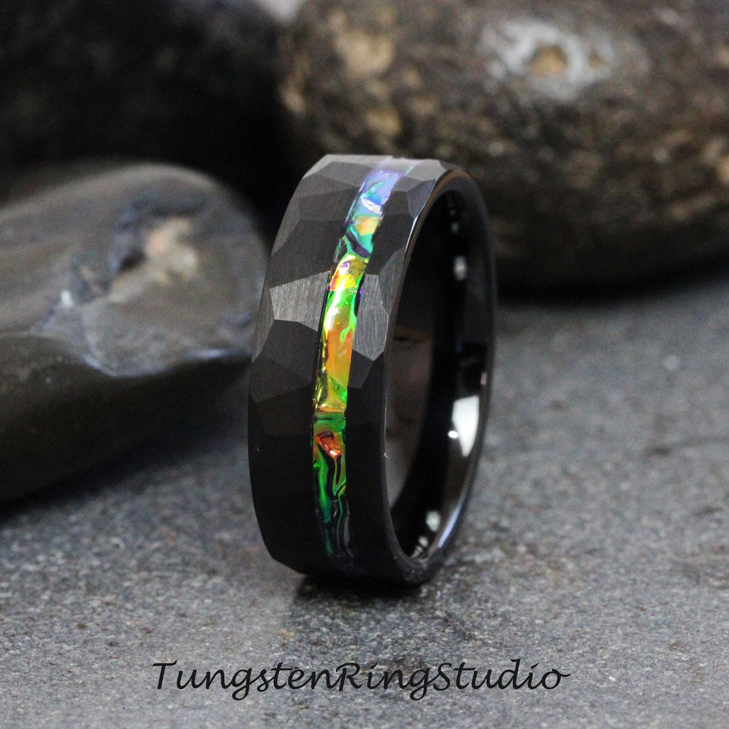 Black Sea Tie Dye Dichrolam Hammer Black Tungsten Wedding Ring Color Shifting Anniversary Ring Mans Mens Ring Men & Women Blue Orange Band