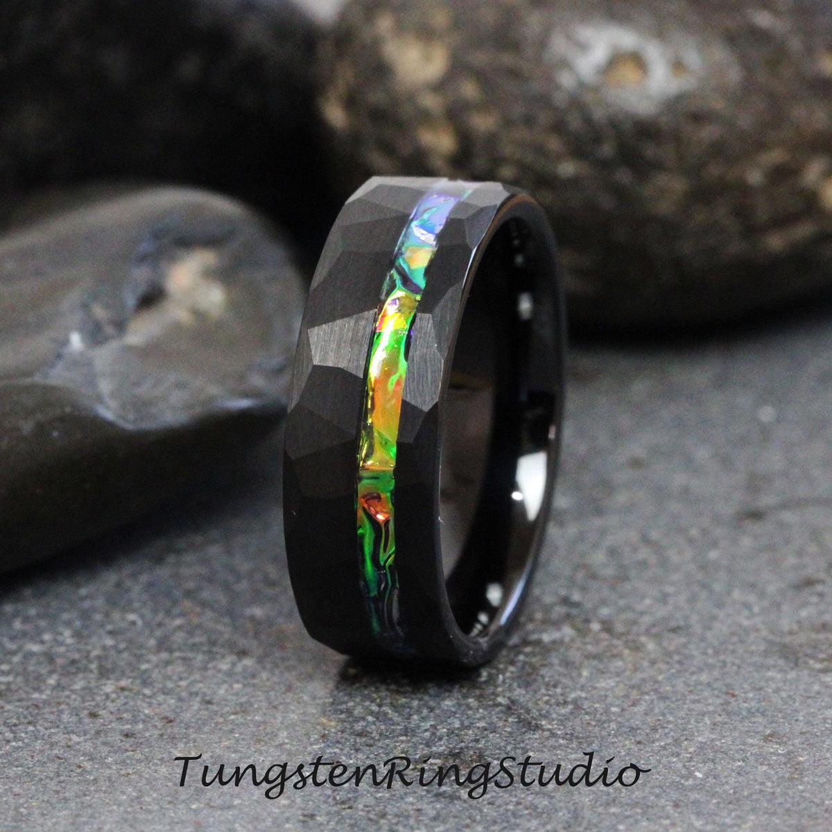 Black Sea Tie Dye Dichrolam Hammer Black Tungsten Wedding Ring Color Shifting Anniversary Ring Mans Mens Ring Men & Women Blue Orange Band
