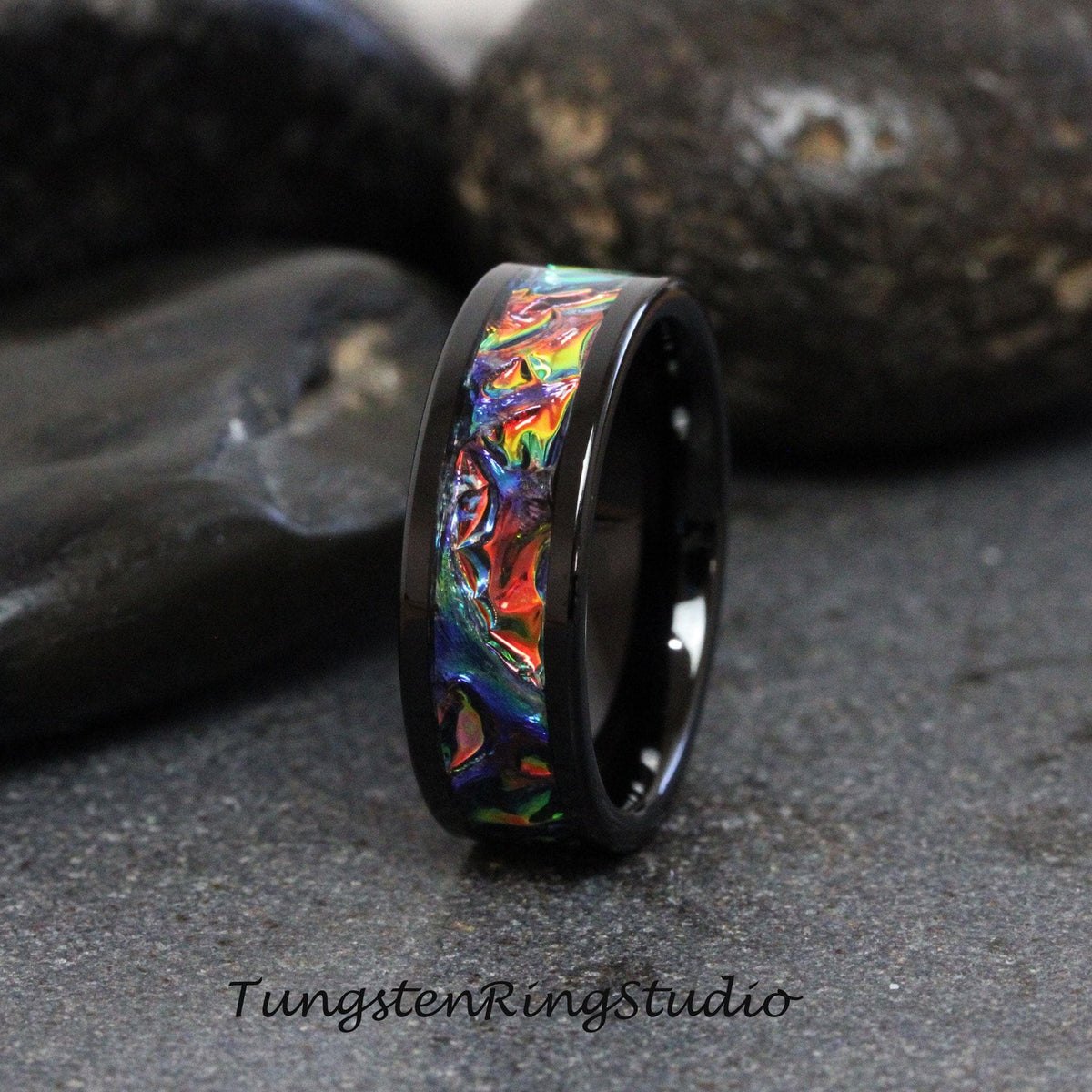 Tie Dye Dichrolam Polish Black Tungsten Wedding Ring Color Shifting Anniversary Ring Mans Mens Ring Men & Women Fire Burl Blue Orange Band
