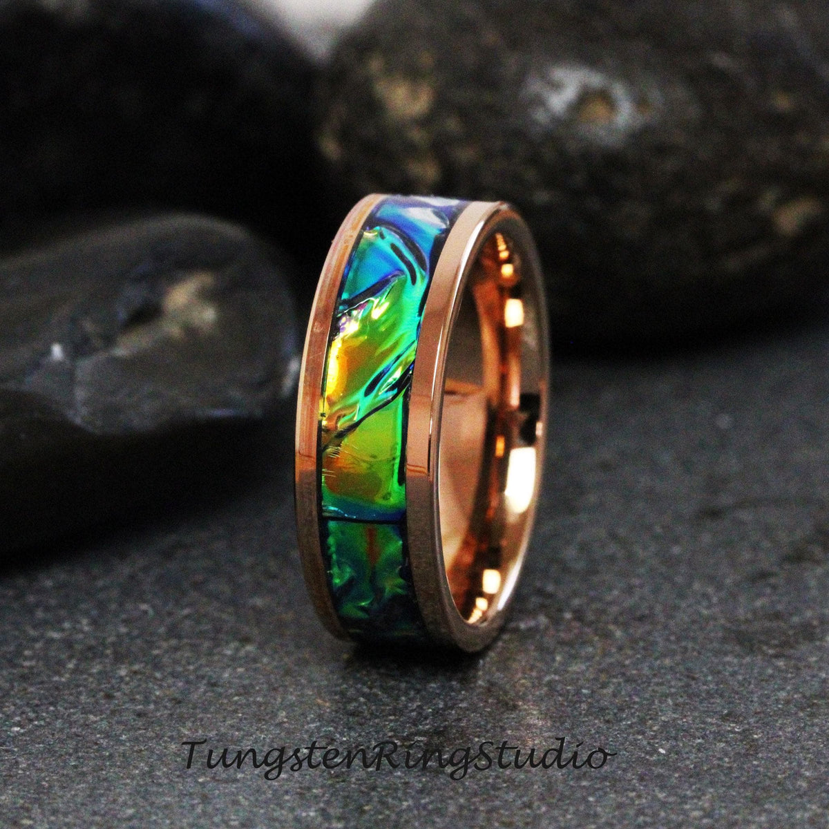 Rose Gold Black Sea Tie Dye Dichrolam Polish Tungsten Wedding Ring Color Shifting Anniversary Ring Mans Men & Women Blue Orange Band Dragon
