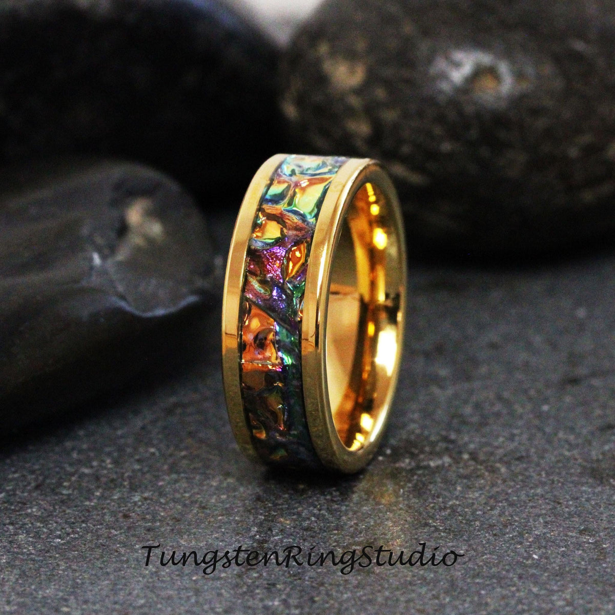 Orange Burl Tie Dye Dichrolam Polish Gold Tungsten Wedding Color Shifting Anniversary Ring Mans Men & Women Blue Orange Band Dragon