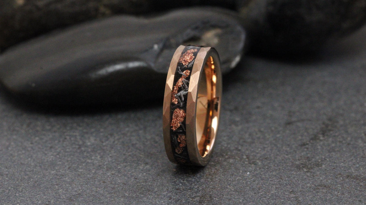 Hammer Copper Leaf Meteorite Tungsten Ring, Rose Gold Wedding Meteorite Ring 4mm 6mm 8mm Ring Meteorite Foil Leaf Ring Gold Accent