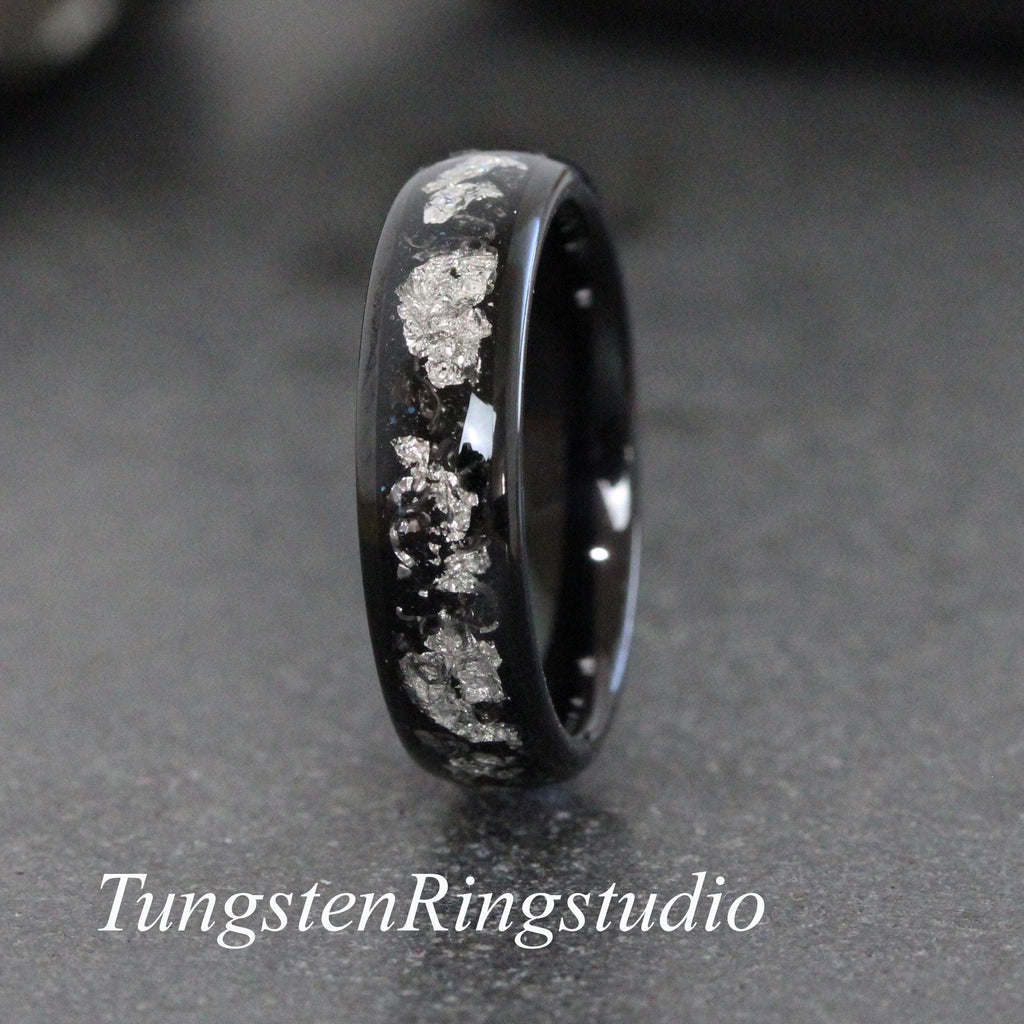 Polished Silver Leaf Meteorite Rings, Wedding Silver Foil Meteorite Ring 4mm 6mm 8mm Ring Meteorite Foil Leaf Ring Mens Wedding Rings Accent