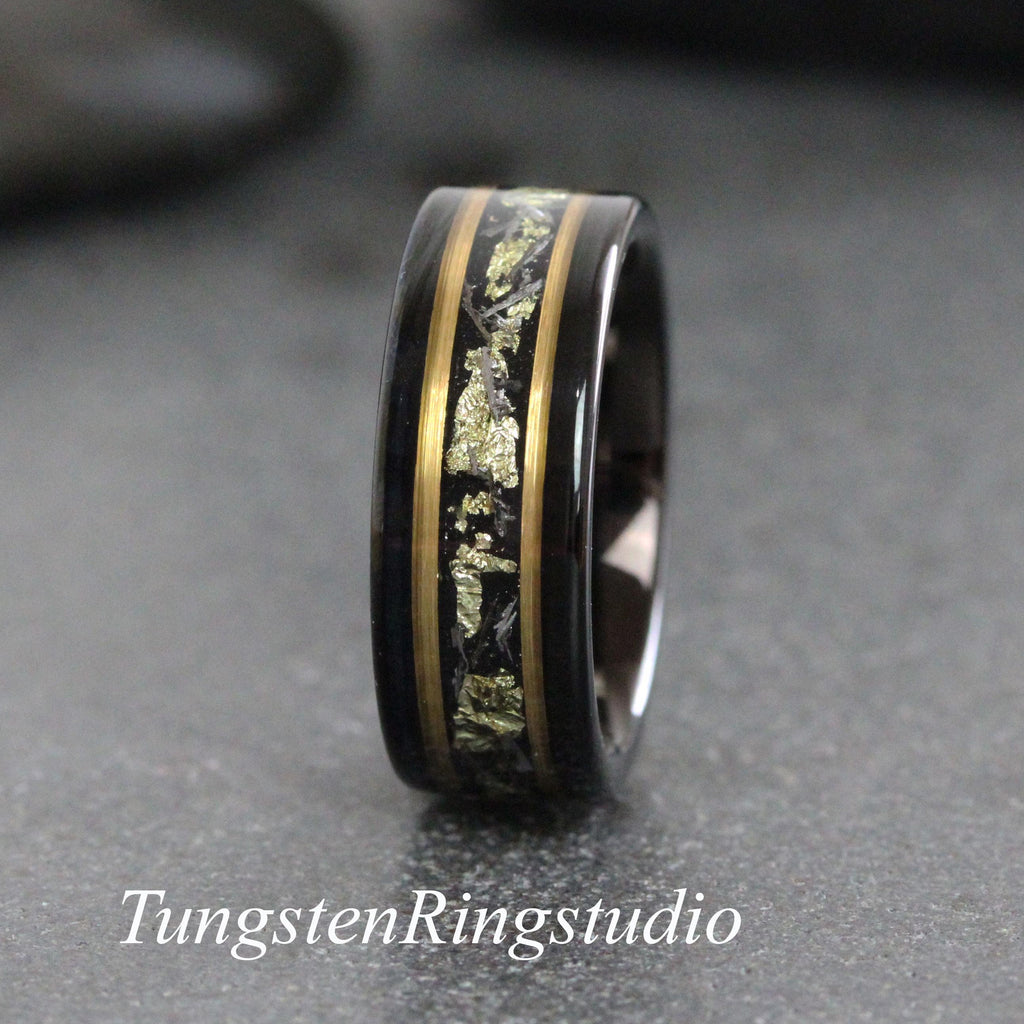 Gold Leaf Meteorite Ring, Black Meteorite tungsten Ring, 6mm 8mm Ring Rose Foil Leaf Ring, Mens Wedding Rings, Gold Accent