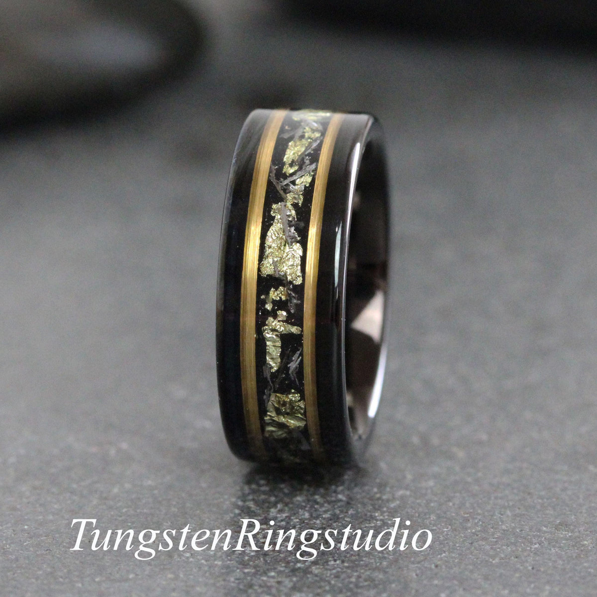 Gold Leaf Meteorite Ring, Black Meteorite tungsten Ring, 6mm 8mm Ring Rose Foil Leaf Ring, Mens Wedding Rings, Gold Accent