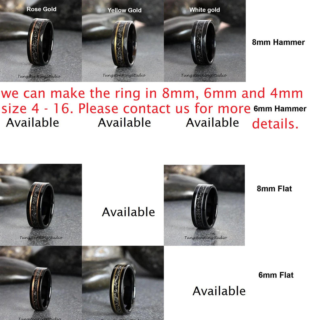 Meteorite Ring, Black Hammered Rose Gold Strip Tungsten Wedding Rings Stripe Gibeon Meteorite Bands Anniversary Mans Mens Ring Interstellar