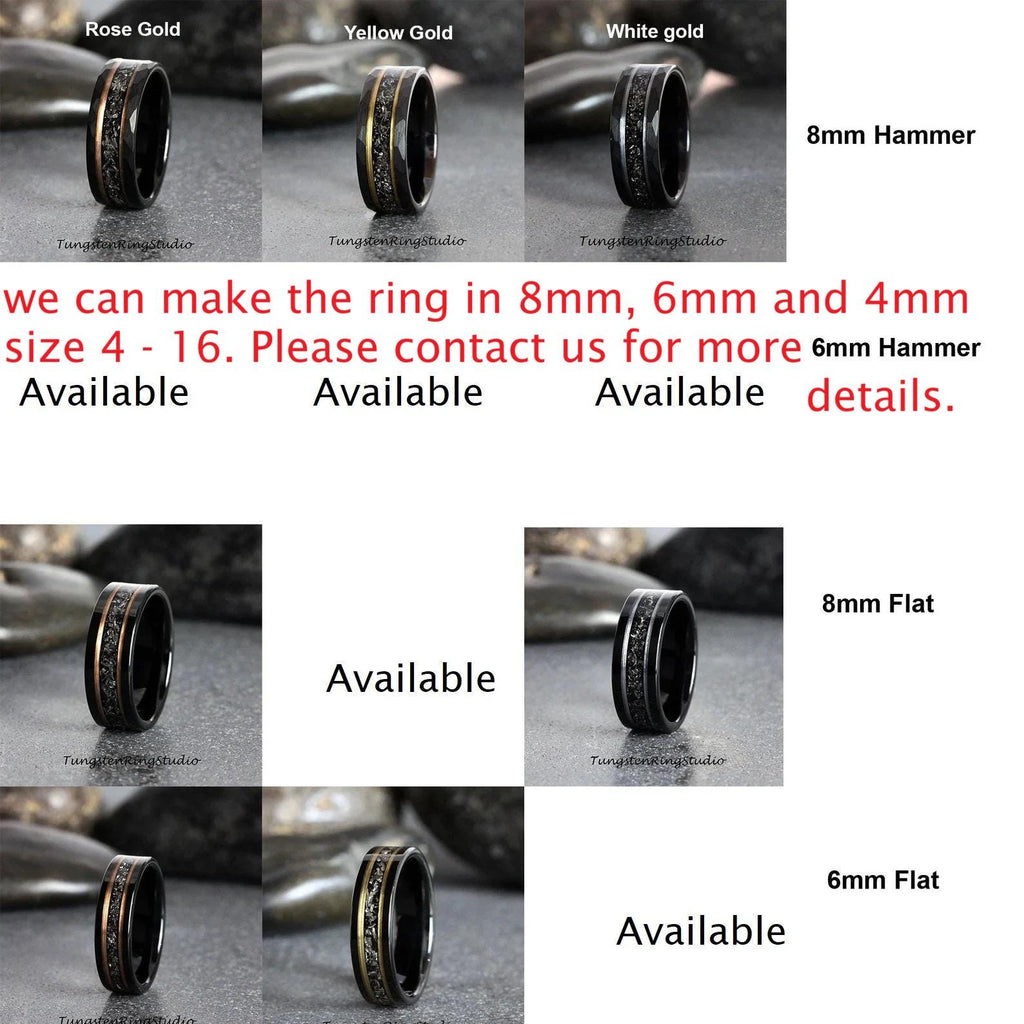Mens Hammered Meteorite Ring, Hammered White Gold Strip Black Tungsten Wedding Ring Gibeon Band Anniversary Mans Mens Ring Interstellar Ring