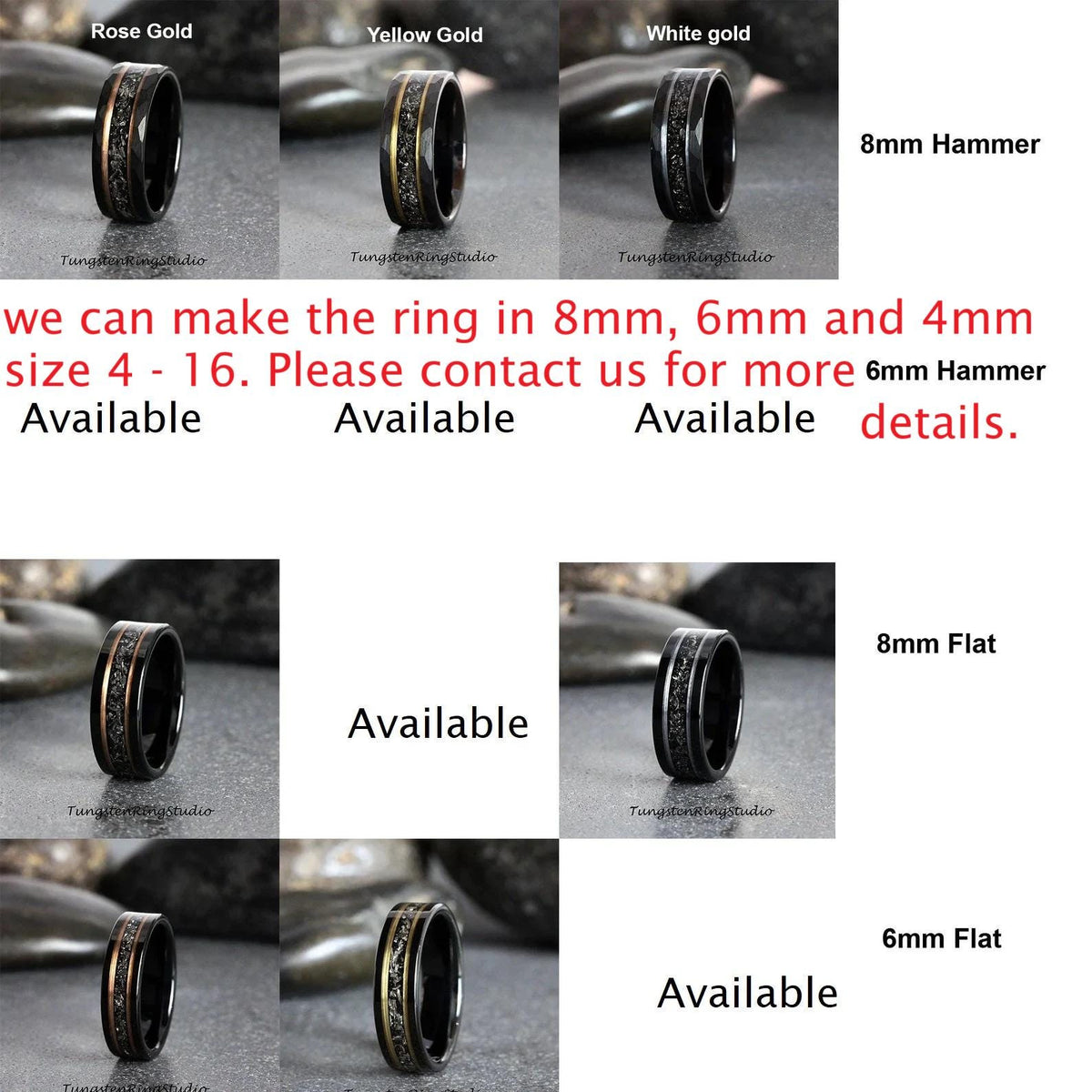 Mens Hammered Meteorite Ring, Hammered Yellow Gold Strip Black Tungsten Wedding Ring Gibeon Band Anniversary Mans Ring Interstellar Ring