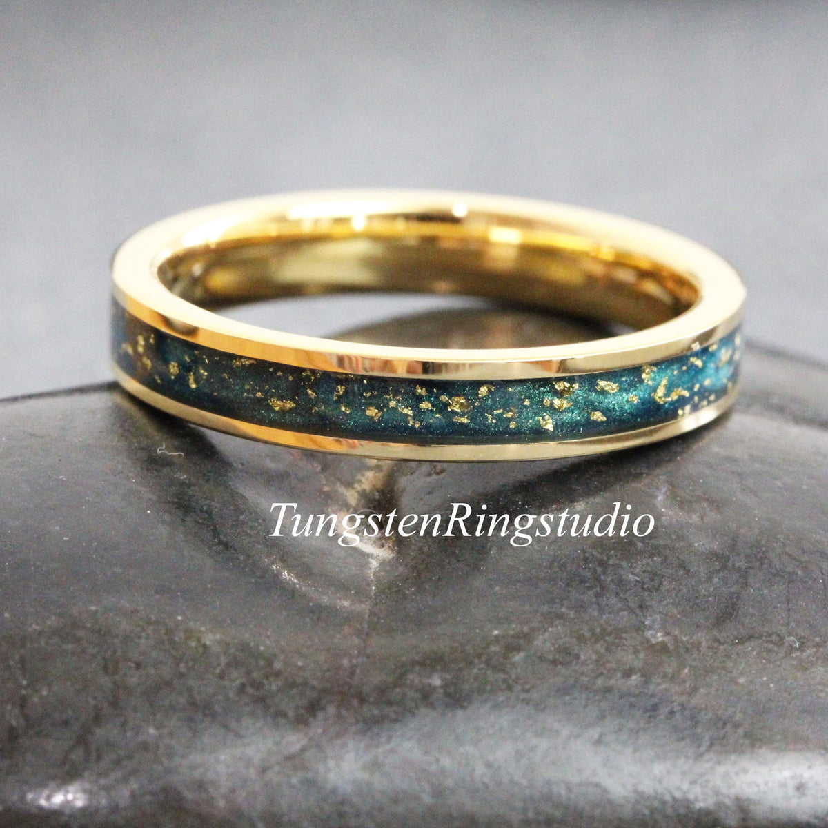 Dainty Hazel Eye Inspiration Ring, 18K Gold Leaf Tungsten Carbide Ring, Teal Wedding Ring, Green Blue Ring, Anniversary Mens and Womens Band