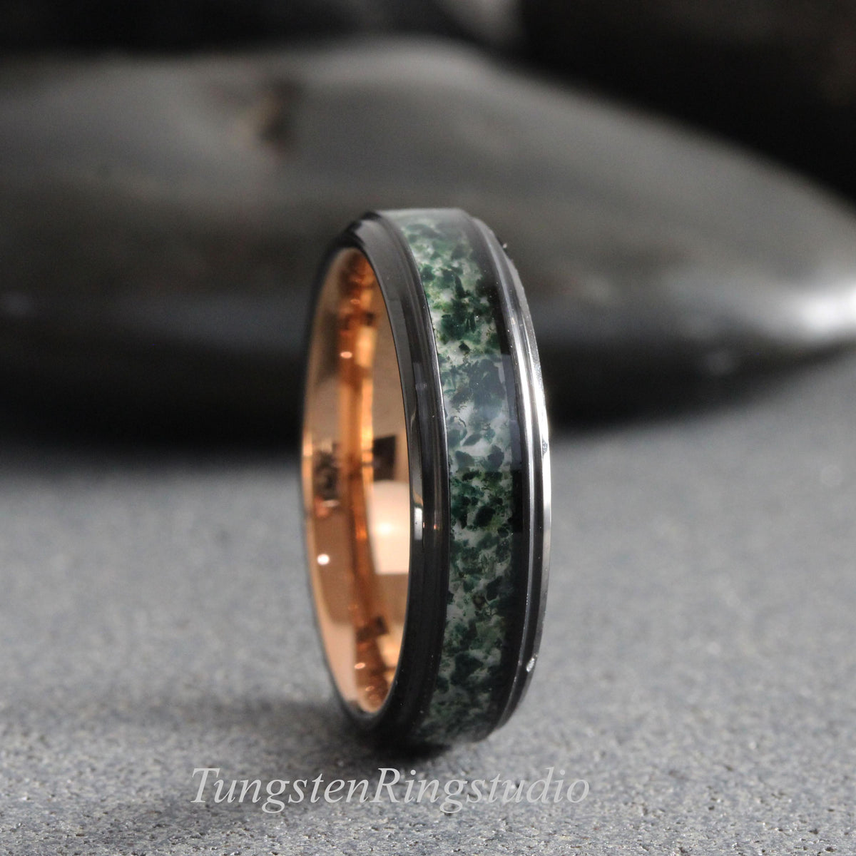 Moss Agate Black Ring, Step Beveled Tungsten, Green Wedding Band 6mm or 8mm