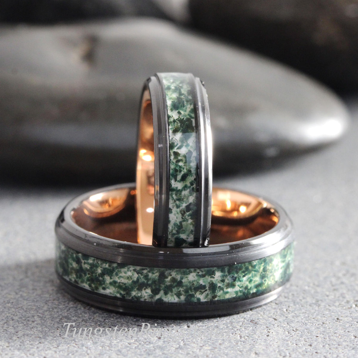 Moss Agate Black Ring, Step Beveled Tungsten, Green Wedding Band 6mm or 8mm