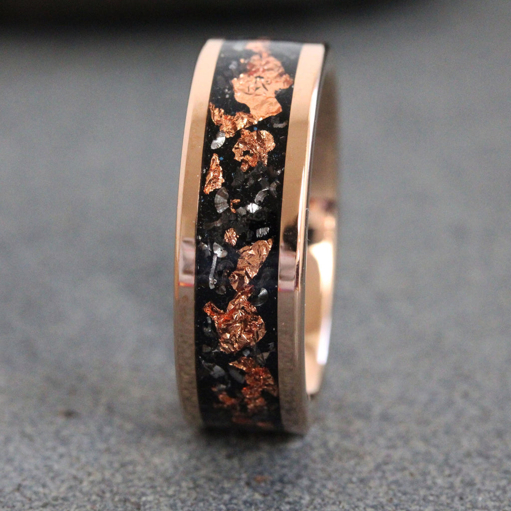 Hammer Copper Leaf Meteorite Tungsten Ring, Rose Gold Wedding Meteorite Ring 4mm 6mm 8mm Ring Meteorite Foil Leaf Ring Gold Accent