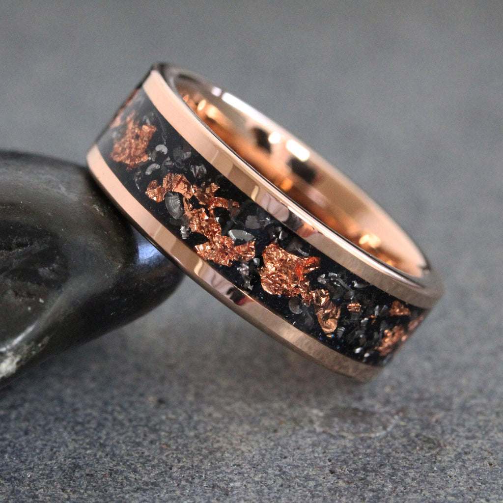 Hammer Copper Leaf Meteorite Tungsten Ring, Rose Gold Wedding Meteorite Ring 4mm 6mm 8mm Ring Meteorite Foil Leaf Ring Gold Accent