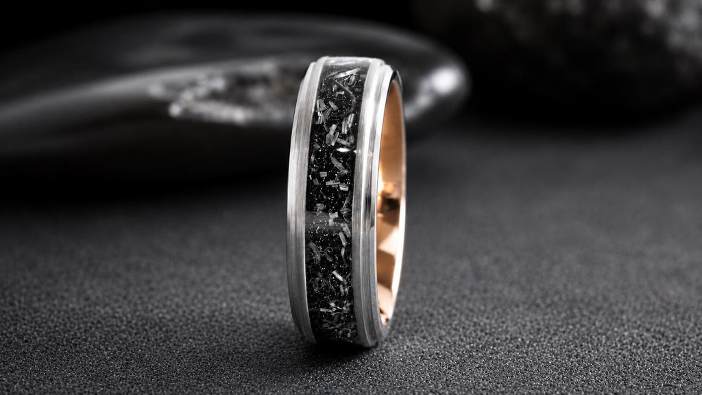 Meteorite Step Beveled Ring, Tungsten Carbide, Wedding Band 6 mm or 8 mm