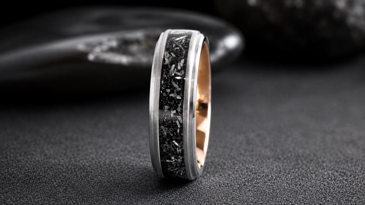 Meteorite Step Beveled Ring, Tungsten Carbide, Wedding Band 6 mm or 8 mm
