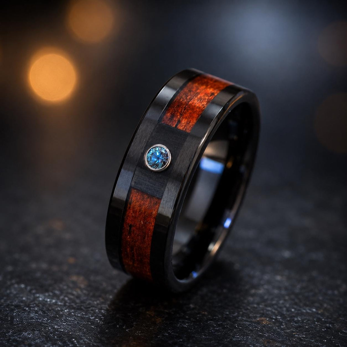 Koa Wood Alexandrite ring, Black Tungsten Wedding Ring 8mm tungsten carbide Mens Ring Mans Womens Anniversary