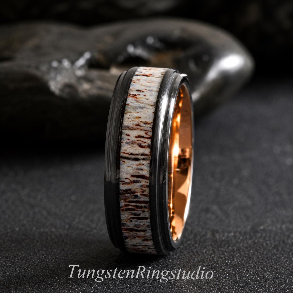 Deer Antler Black Ring, Step Beveled Tungsten Ring, Wedding Women Men 6mm or 8mm