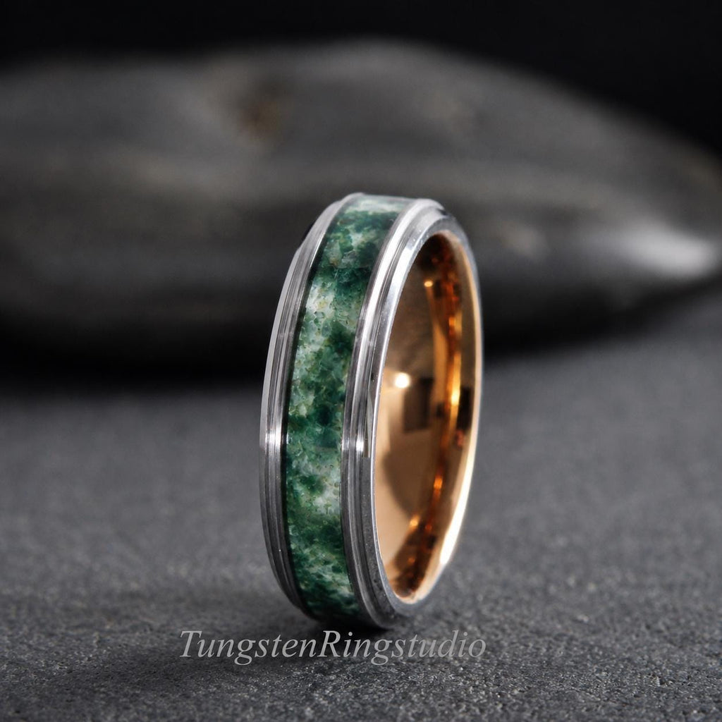 Moss Agate Ring, Step Beveled Tungsten, Green Wedding Ring, 6mm or 8mm Band