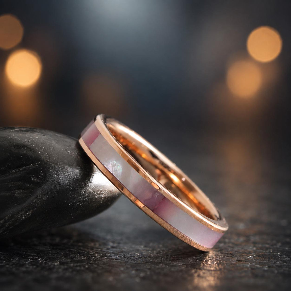 Pink Mother of Pearl Ring, Rose Gold Tungsten Wedding Band, Minimalist Stackable Ring
