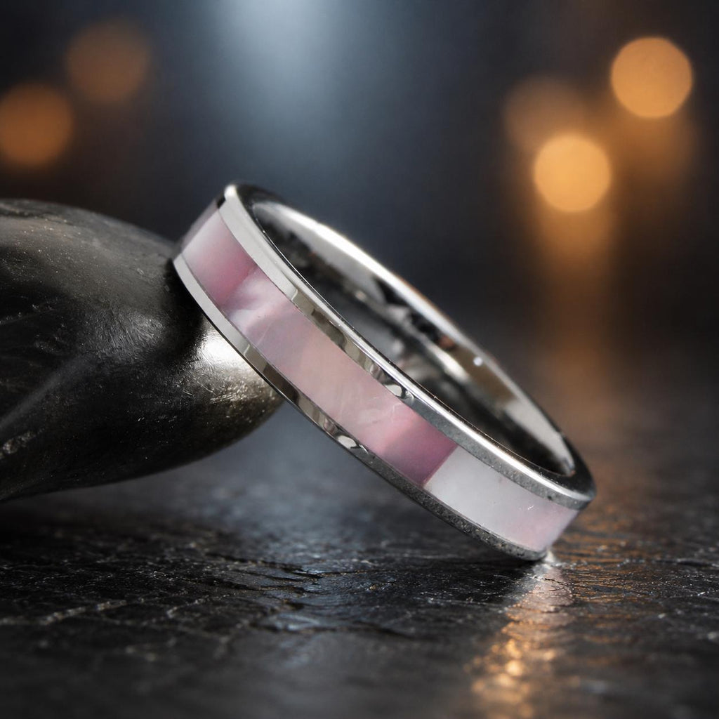 Pink Mother of Pearl Ring, Silver Gray Tungsten Ring, Wedding Band Minimalist Stackable