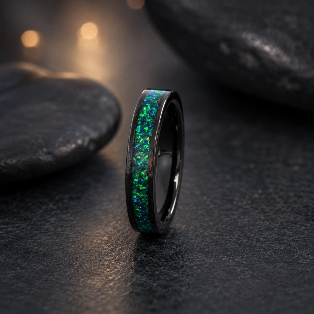 Black Blue Green Opal Tungsten Carbide Wedding Ring Black Band Women Opal Ring Dainty Stackable Anniversary Opal Ring