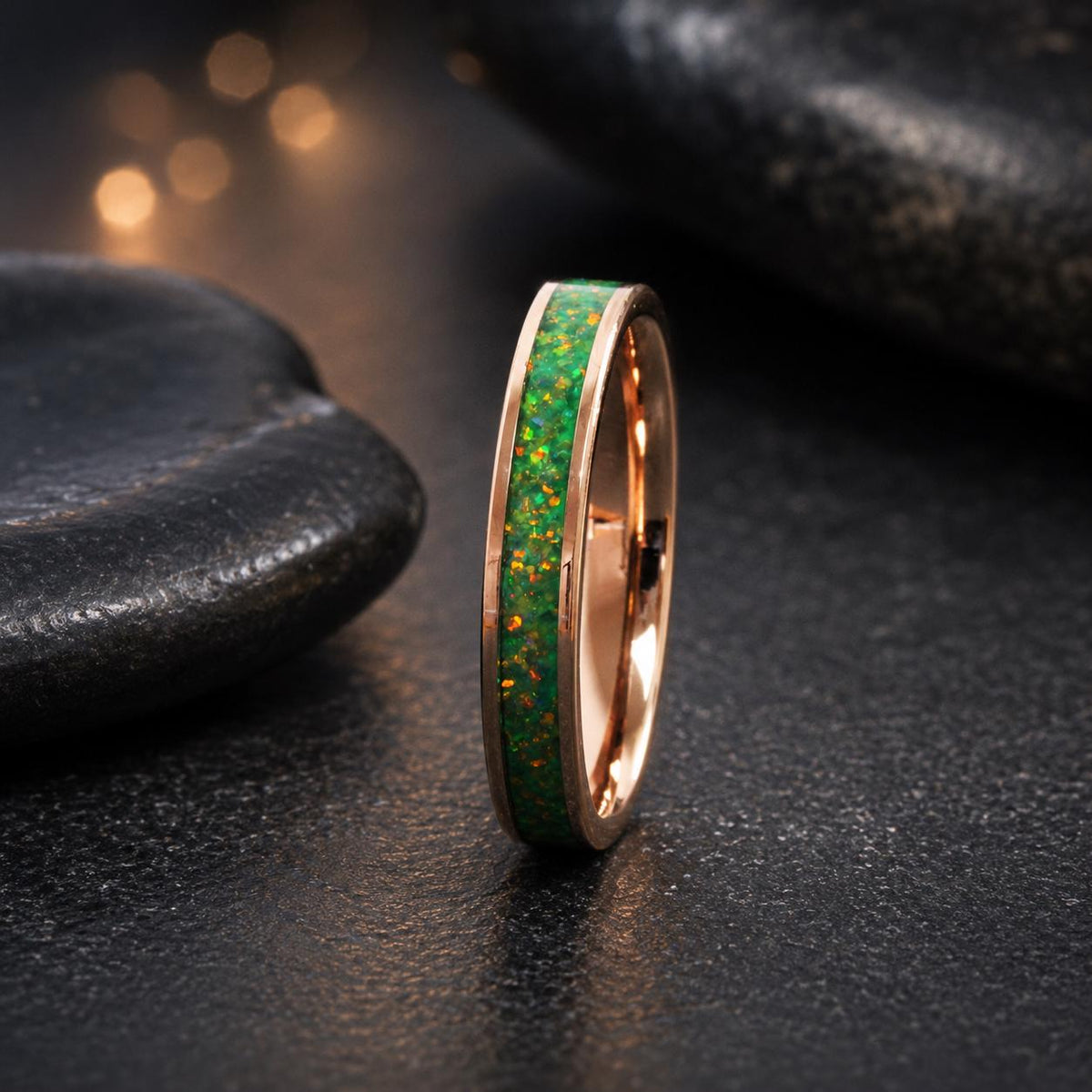 Green Olive Opal Tungsten Carbide Wedding Ring Rose Gold Band Women Opal Ring Dainty Stackable Anniversary Opal Ring