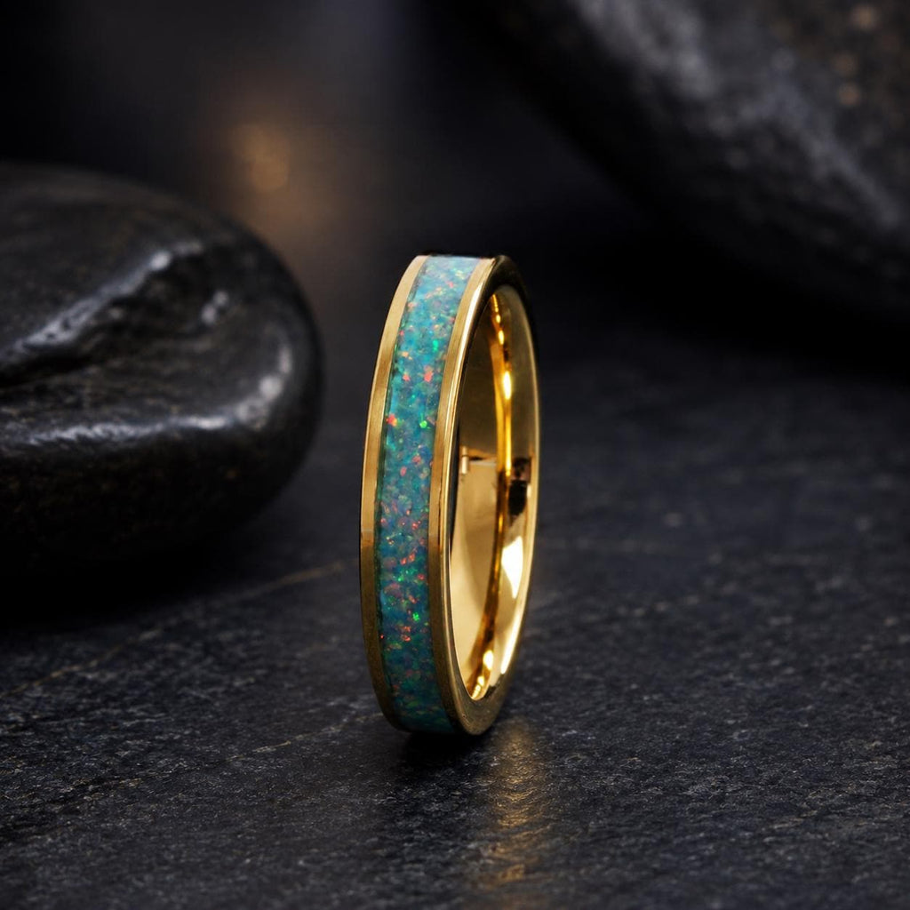 Green Turquoise Opal Ring - Tungsten Carbide Yellow Gold Plating - 4mm Stackable Women Wedding Anniversary Band
