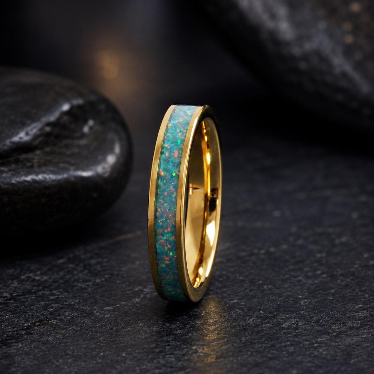 Green Turquoise Opal Ring - Tungsten Carbide Yellow Gold Plating - 4mm Stackable Women Wedding Anniversary Band