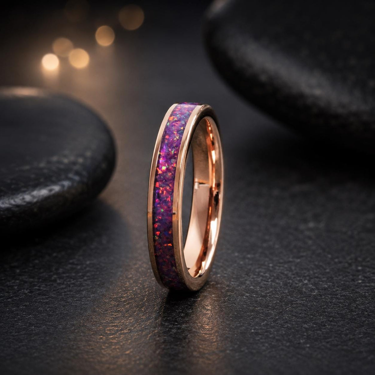 Royal Lavender Opal Tungsten Carbide Wedding Ring Rose Gold Band Women Opal Ring Dainty Stackable Anniversary Opal Ring