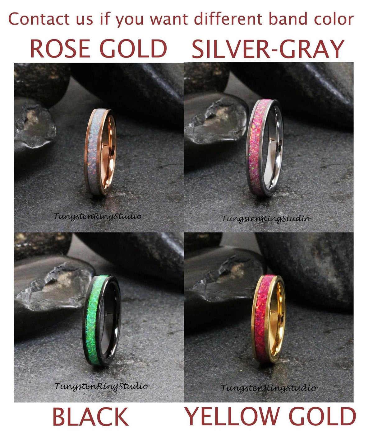 Space Blue Opal Tungsten Carbide Wedding Ring Silver-Gray Band Women Men Opal Ring Dainty Stackable Anniversary Ring Blue Band