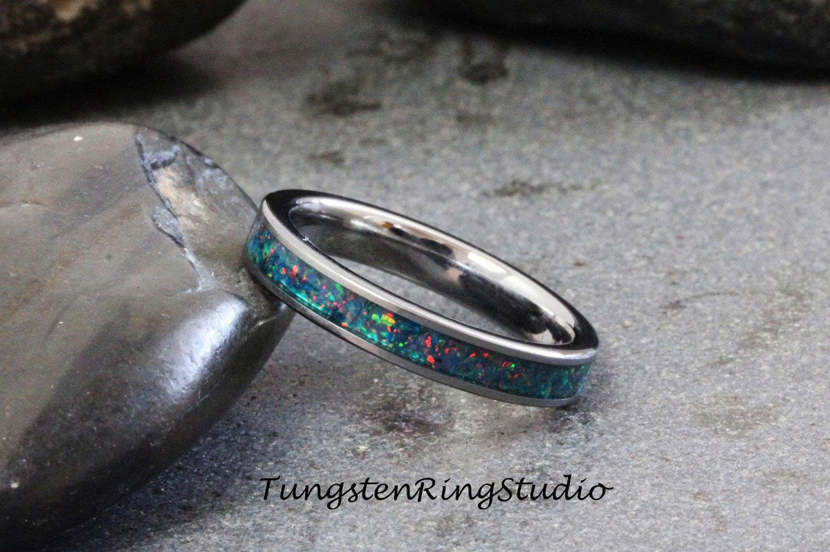 Space Blue Opal Tungsten Carbide Wedding Ring Silver-Gray Band Women Men Opal Ring Dainty Stackable Anniversary Ring Blue Band