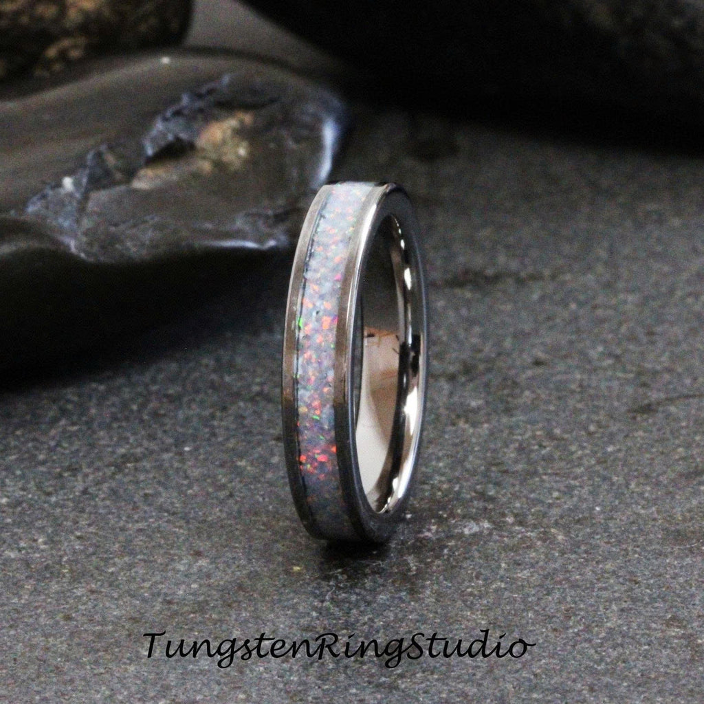 Cornflower Blue Opal Tungsten Carbide Wedding Ring Silver-Gray Band Women Men Opal Ring Dainty Stackable Anniversary Ring Teal Band