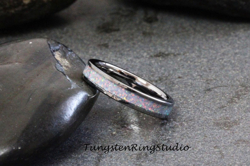 Cornflower Blue Opal Tungsten Carbide Wedding Ring Silver-Gray Band Women Men Opal Ring Dainty Stackable Anniversary Ring Teal Band