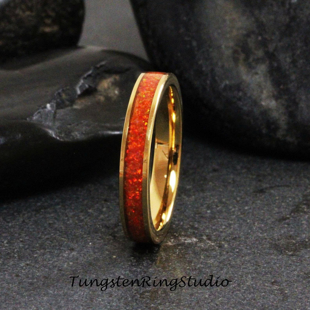 Fire Opal Tungsten Carbide Wedding Ring Orange Yellow Red Opal Yellow Gold Band Women Opal Ring Dainty Stackable Anniversary Opal Ring