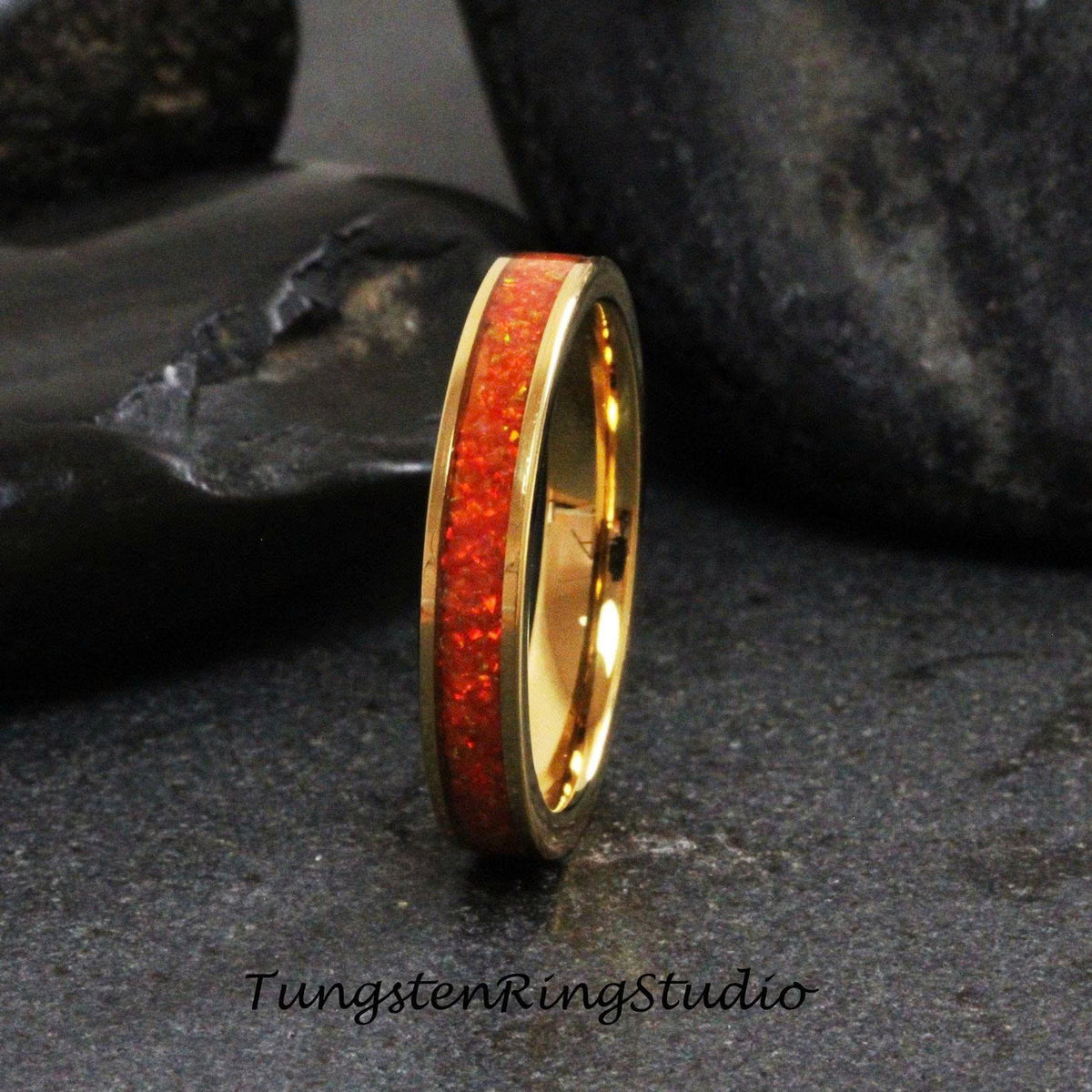 Fire Opal Tungsten Carbide Wedding Ring Orange Yellow Red Opal Yellow Gold Band Women Opal Ring Dainty Stackable Anniversary Opal Ring