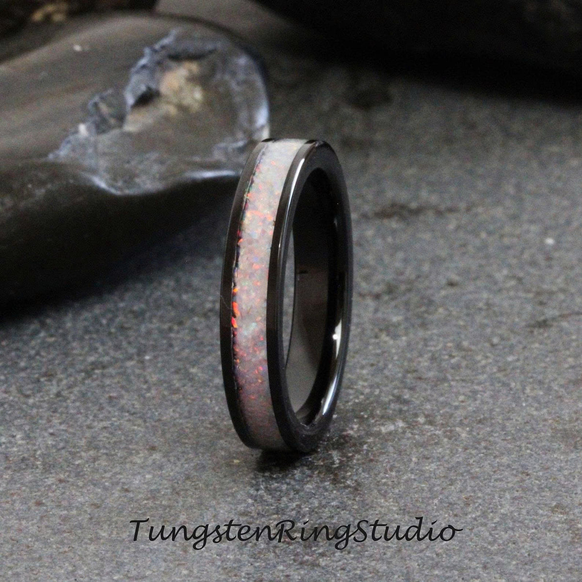 Sun and Ice White Opal Tungsten Carbide Wedding Ring Black Band Women Opal Ring Dainty Stackable Anniversary Opal Ring