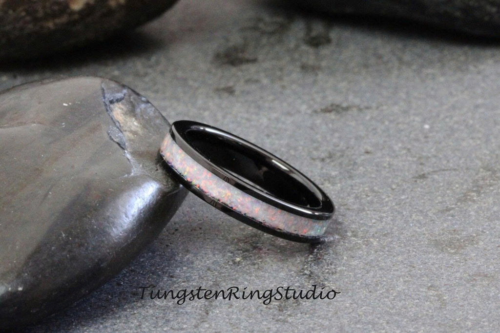 Sun and Ice White Opal Tungsten Carbide Wedding Ring Black Band Women Opal Ring Dainty Stackable Anniversary Opal Ring
