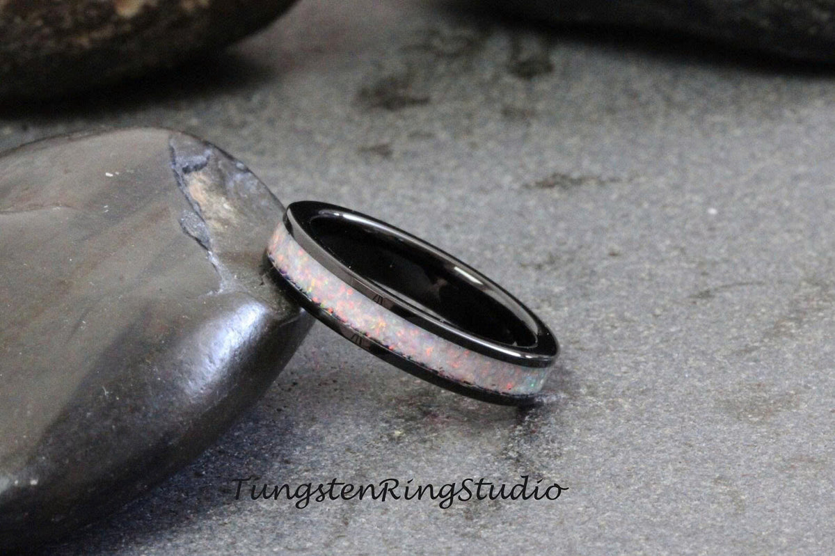 Sun and Ice White Opal Tungsten Carbide Wedding Ring Black Band Women Opal Ring Dainty Stackable Anniversary Opal Ring